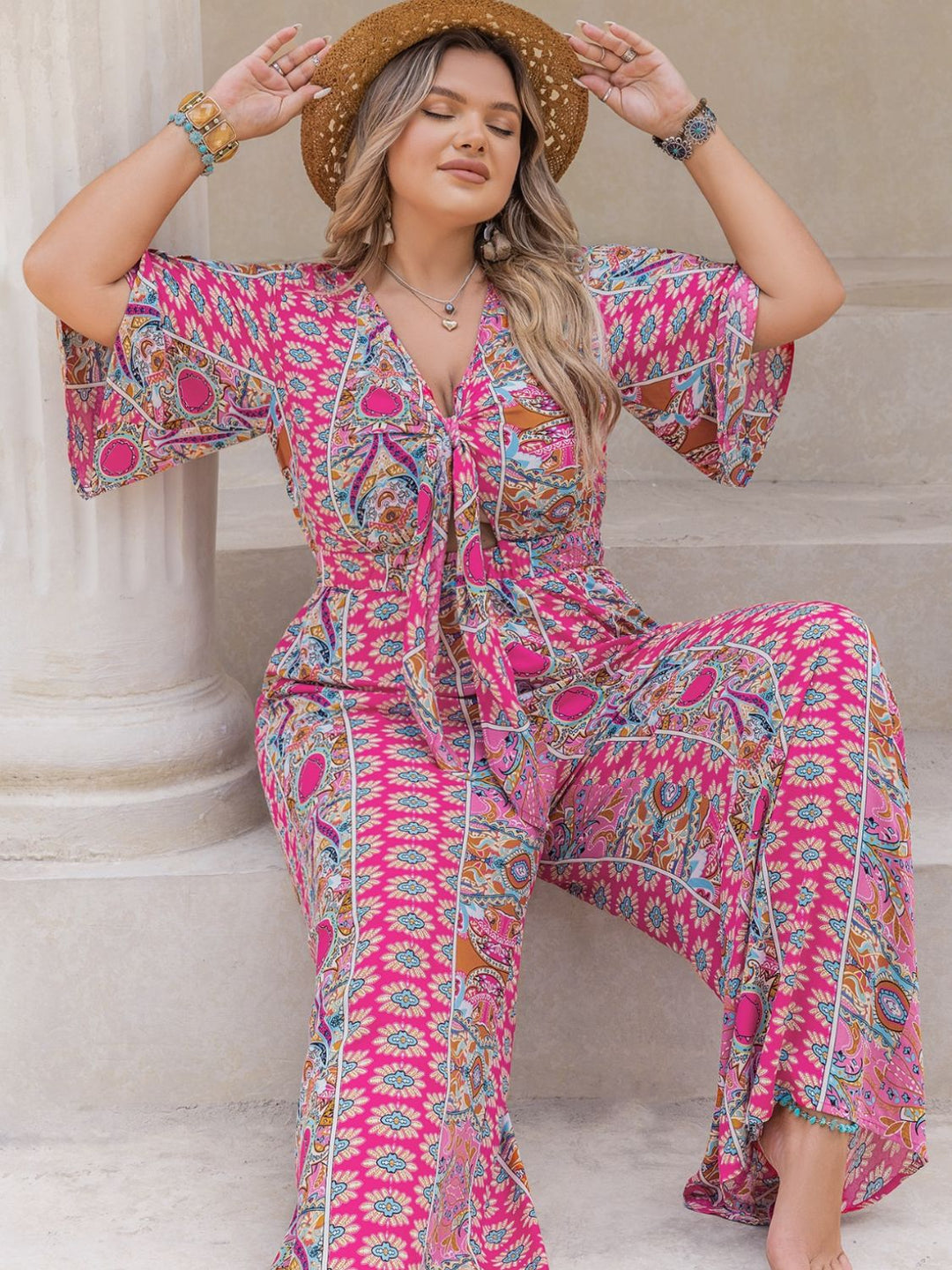 Plus Size Printed Half Sleeve Wide Leg Jumpsuit - SharpDuds