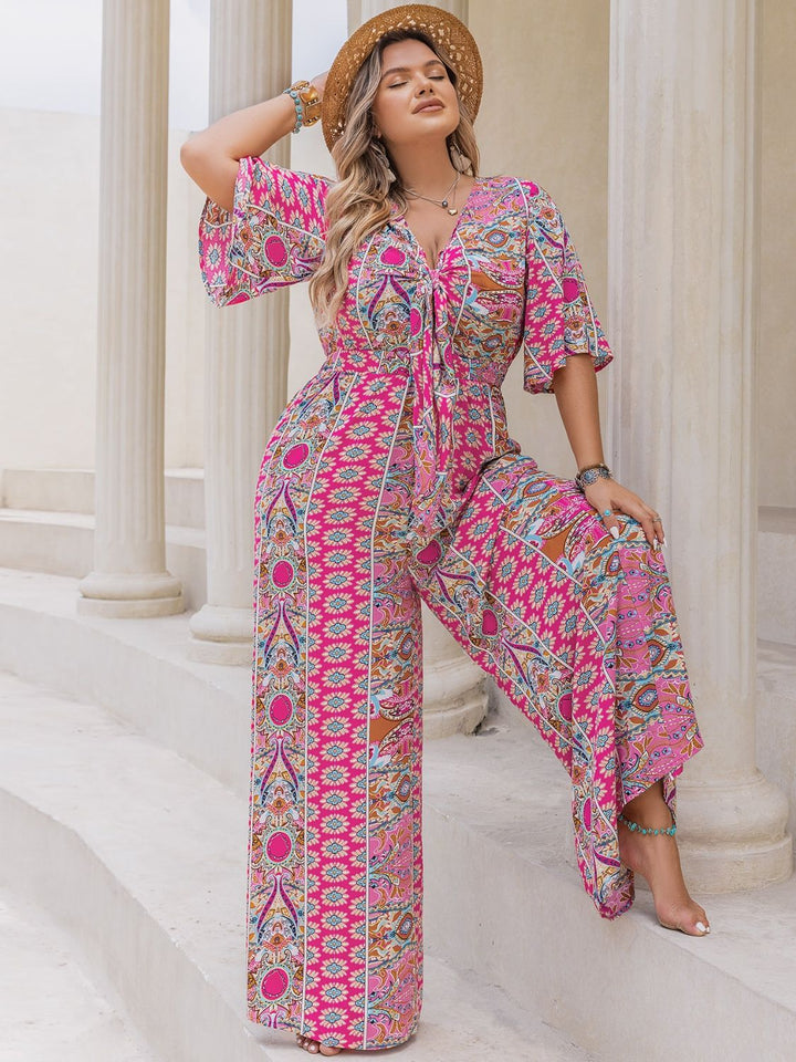 Plus Size Printed Half Sleeve Wide Leg Jumpsuit - SharpDuds