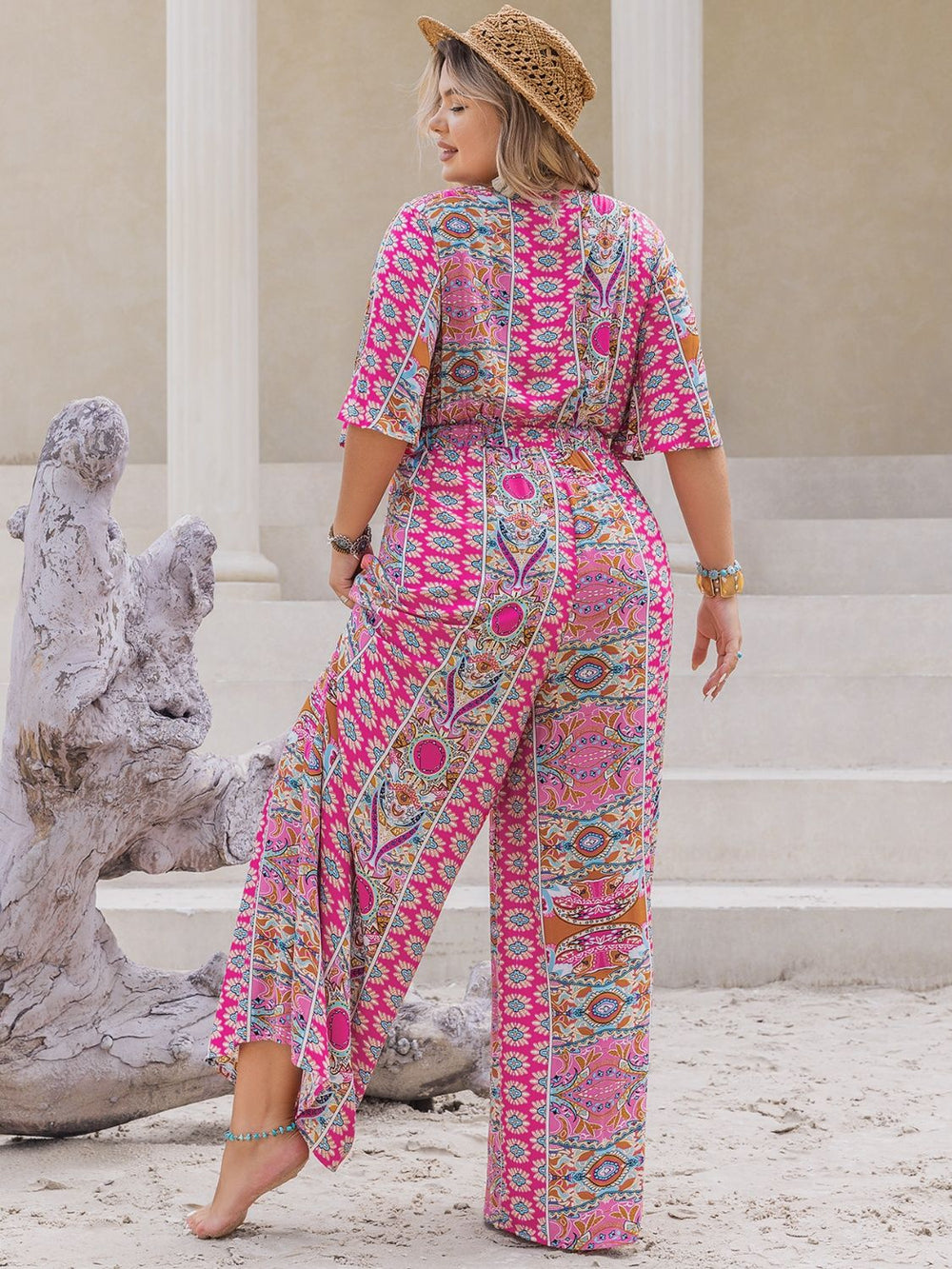 Plus Size Printed Half Sleeve Wide Leg Jumpsuit - SharpDuds