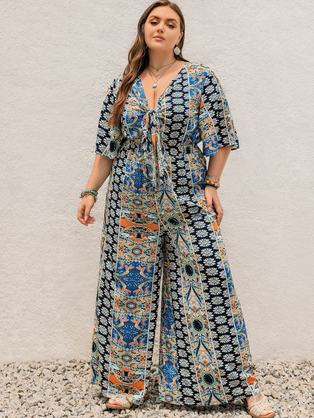 Plus Size Printed Half Sleeve Wide Leg Jumpsuit - SharpDuds