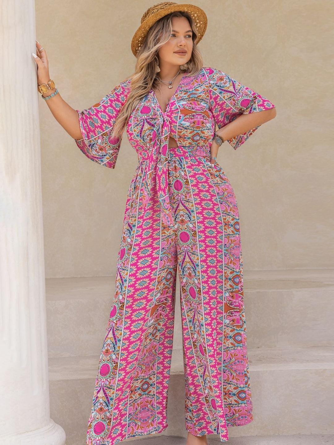 Plus Size Printed Half Sleeve Wide Leg Jumpsuit - SharpDuds