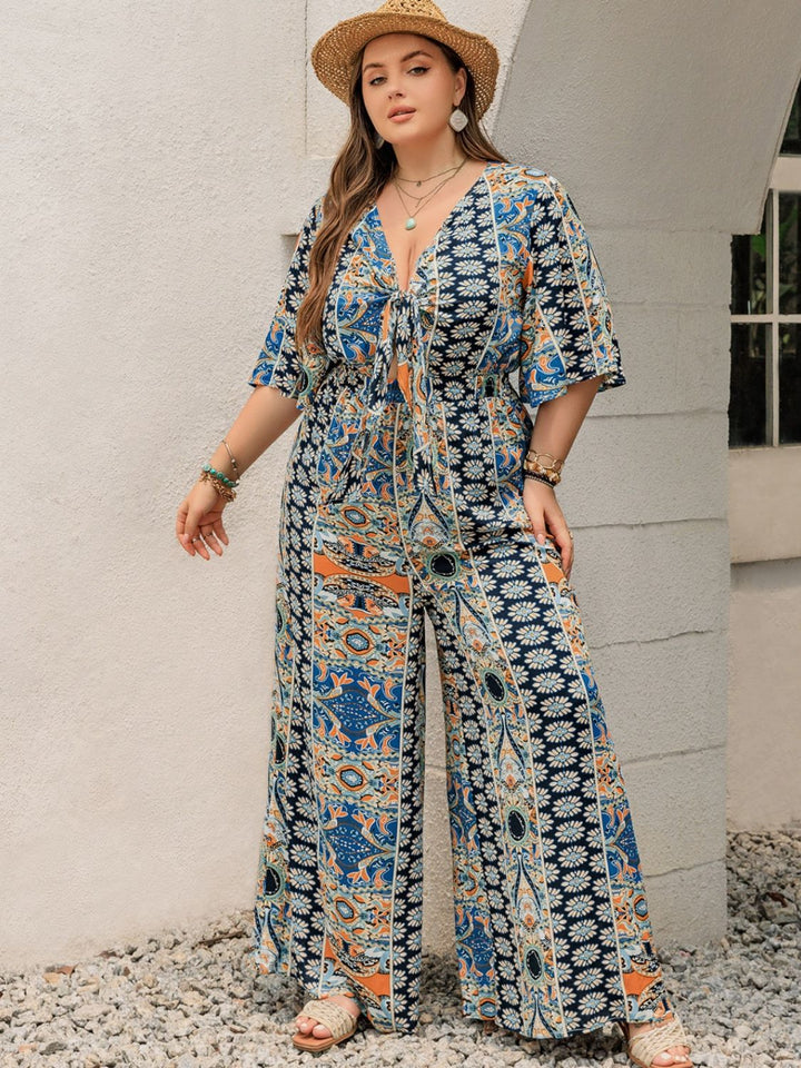 Plus Size Printed Half Sleeve Wide Leg Jumpsuit - SharpDuds