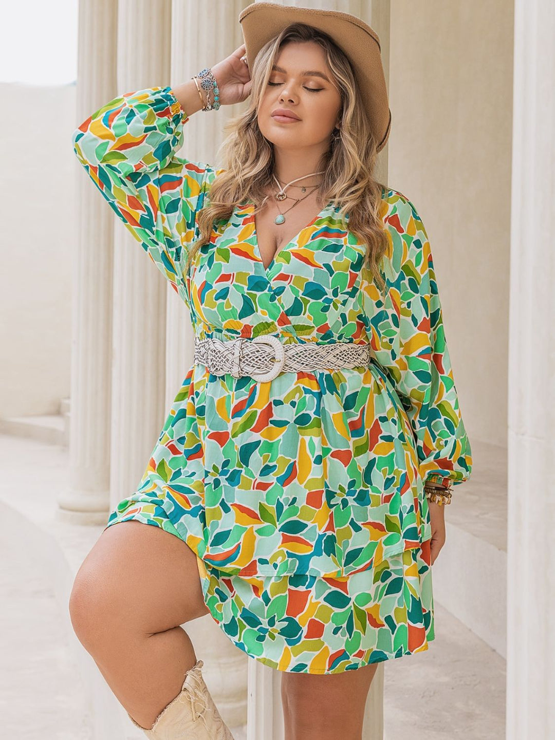 Plus Size Printed Surplice Long Sleeve Mini Dress - SharpDuds