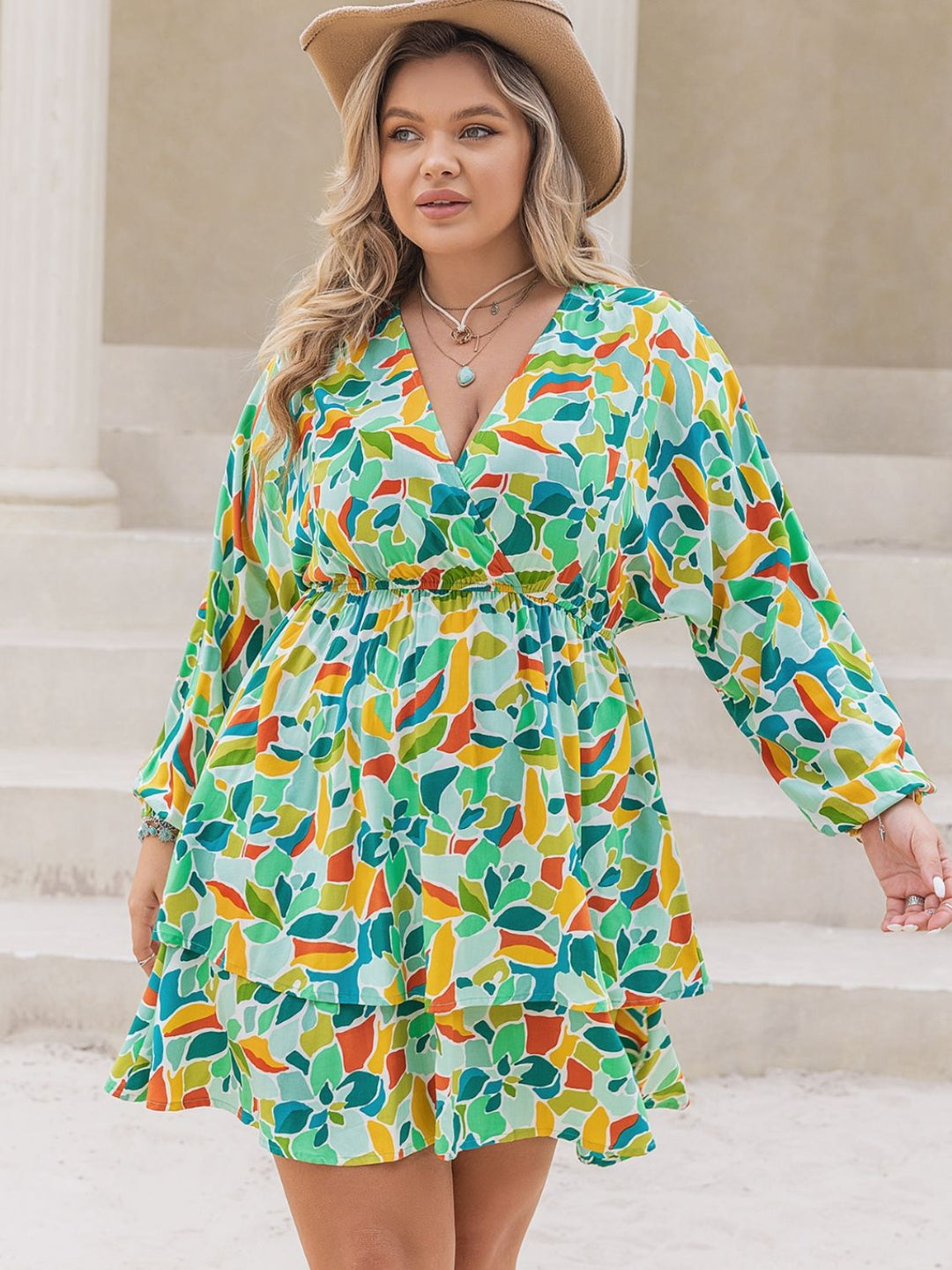 Plus Size Printed Surplice Long Sleeve Mini Dress - SharpDuds