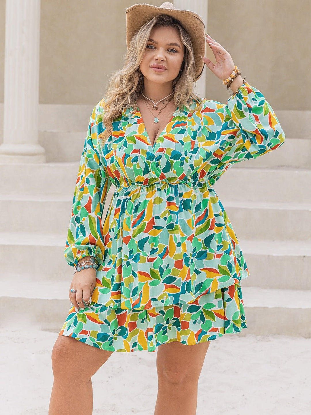 Plus Size Printed Surplice Long Sleeve Mini Dress - SharpDuds