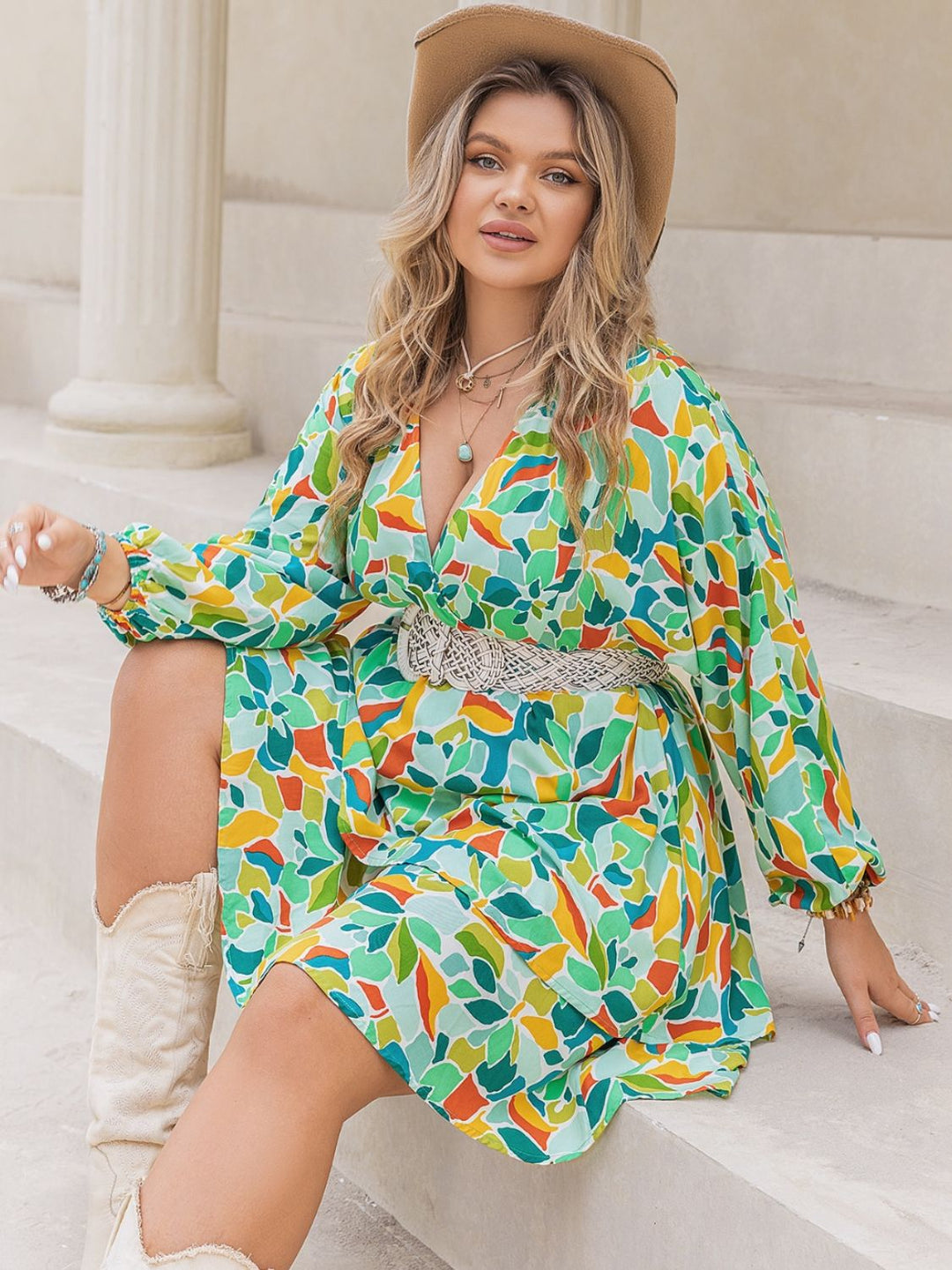 Plus Size Printed Surplice Long Sleeve Mini Dress - SharpDuds