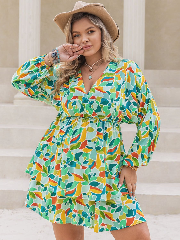 Plus Size Printed Surplice Long Sleeve Mini Dress - SharpDuds