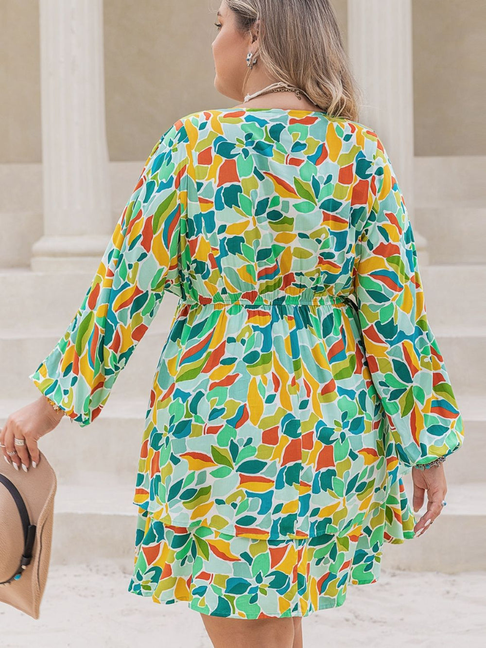 Plus Size Printed Surplice Long Sleeve Mini Dress - SharpDuds