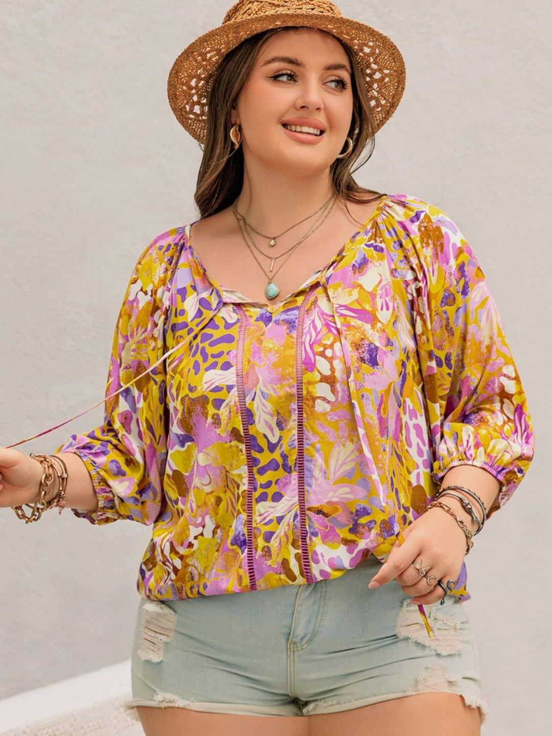 Plus Size Printed Tie Neck Top - SharpDuds