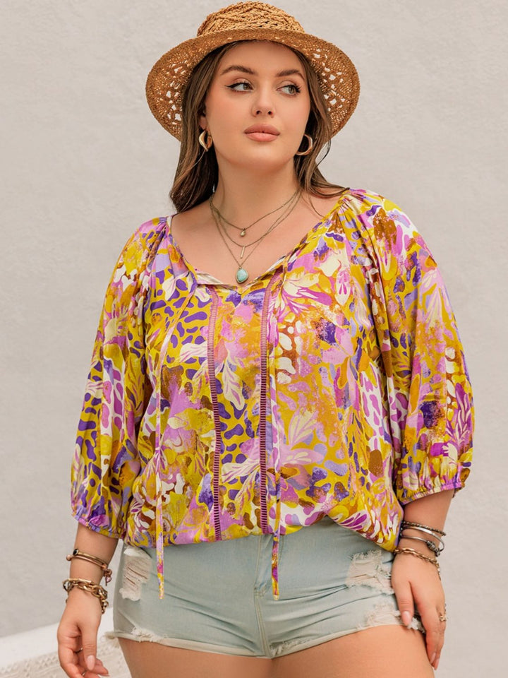 Plus Size Printed Tie Neck Top - SharpDuds