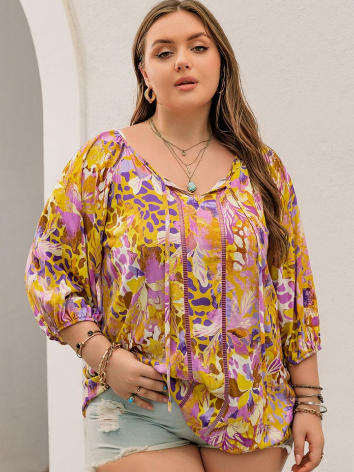 Plus Size Printed Tie Neck Top - SharpDuds