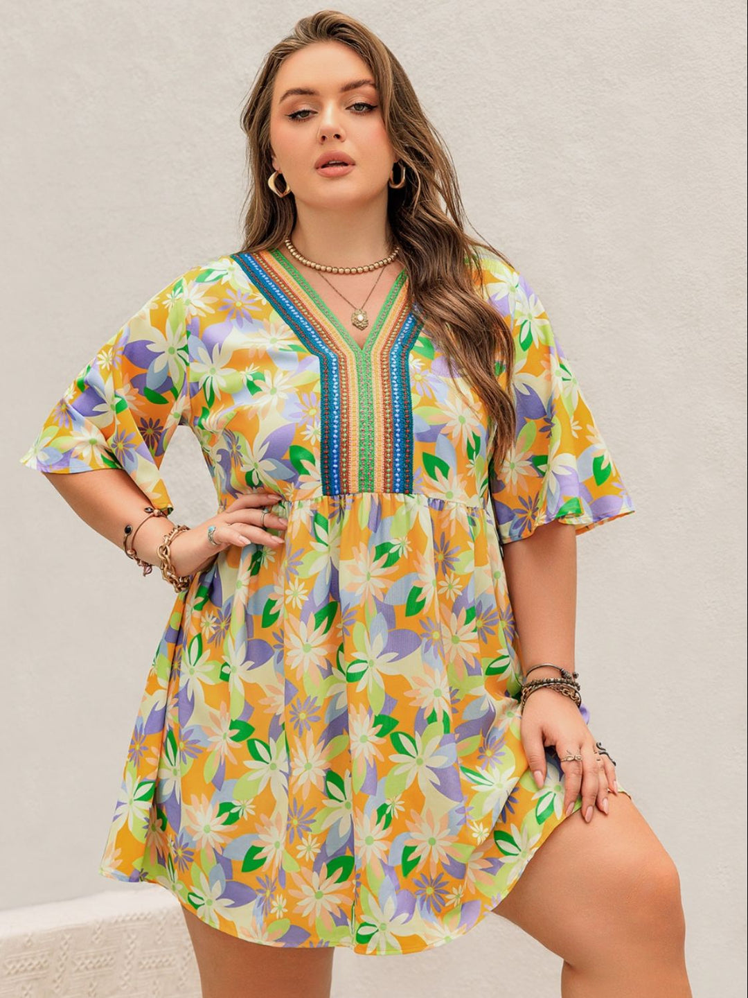 Plus Size Printed V - Neck Half Sleeve Mini Dress - SharpDuds