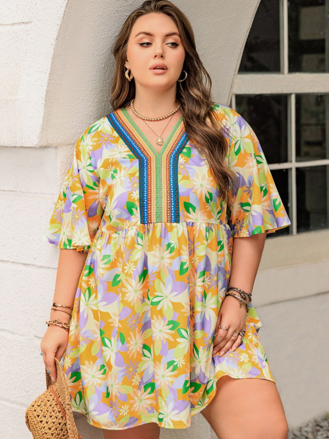 Plus Size Printed V - Neck Half Sleeve Mini Dress - SharpDuds