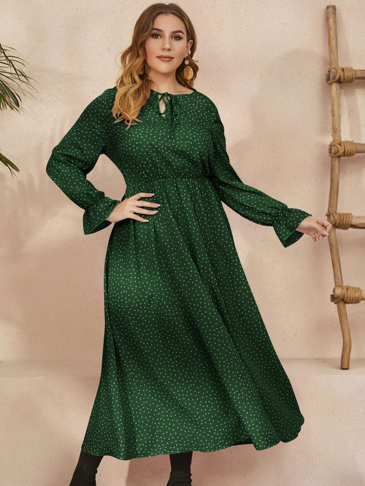 Plus Size Ruffled Polka Dot Long Sleeve Midi Dress - SharpDuds