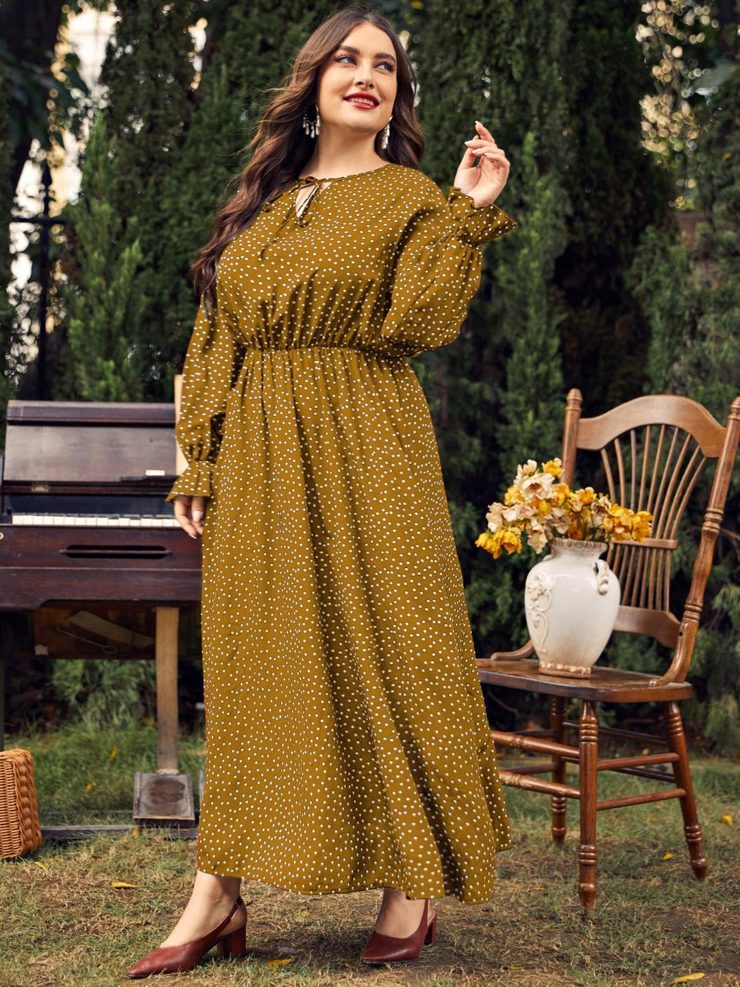 Plus Size Ruffled Polka Dot Long Sleeve Midi Dress - SharpDuds