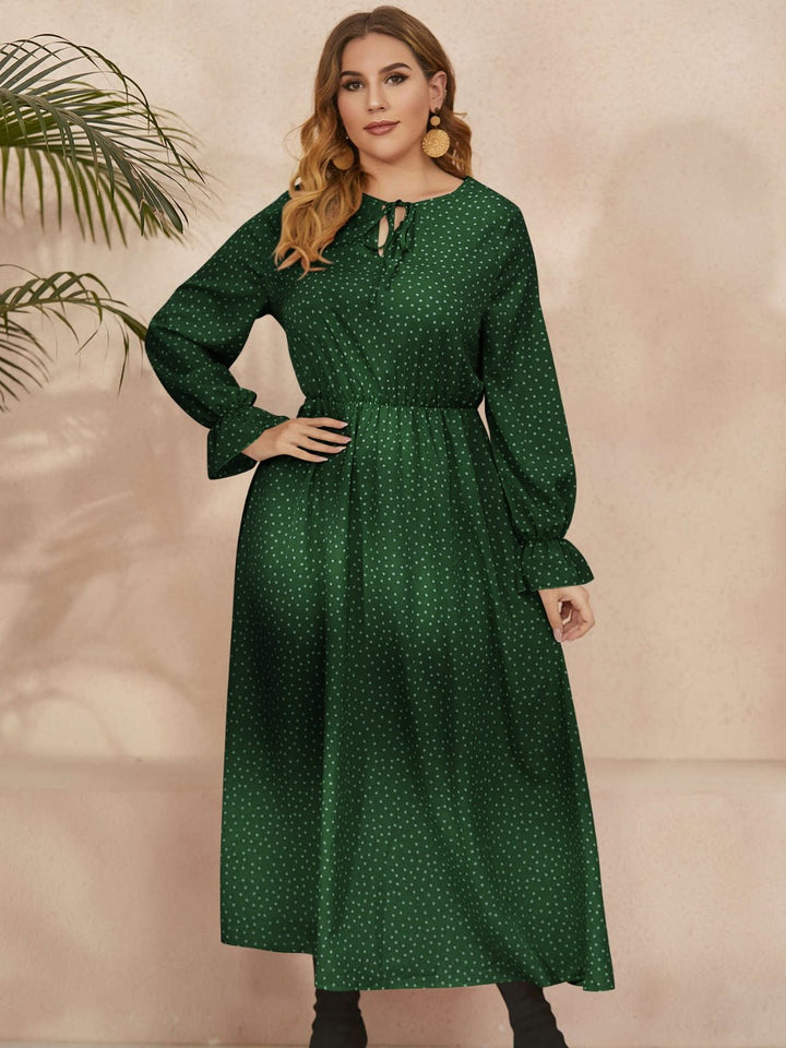 Plus Size Ruffled Polka Dot Long Sleeve Midi Dress - SharpDuds