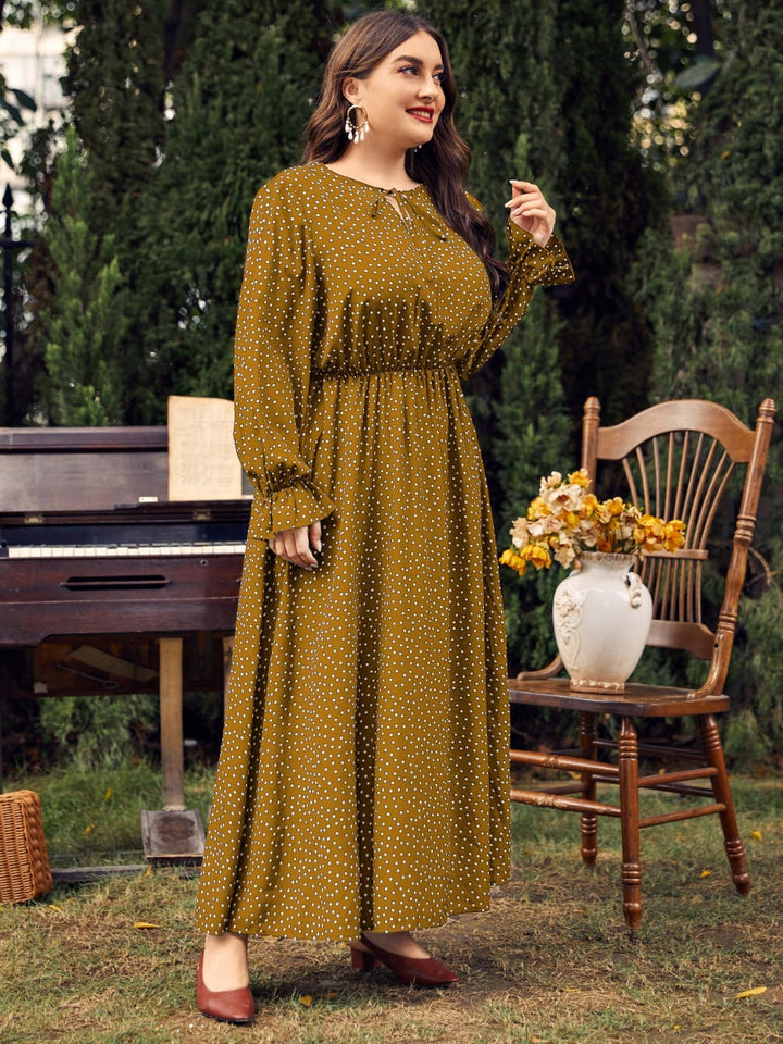 Plus Size Ruffled Polka Dot Long Sleeve Midi Dress - SharpDuds