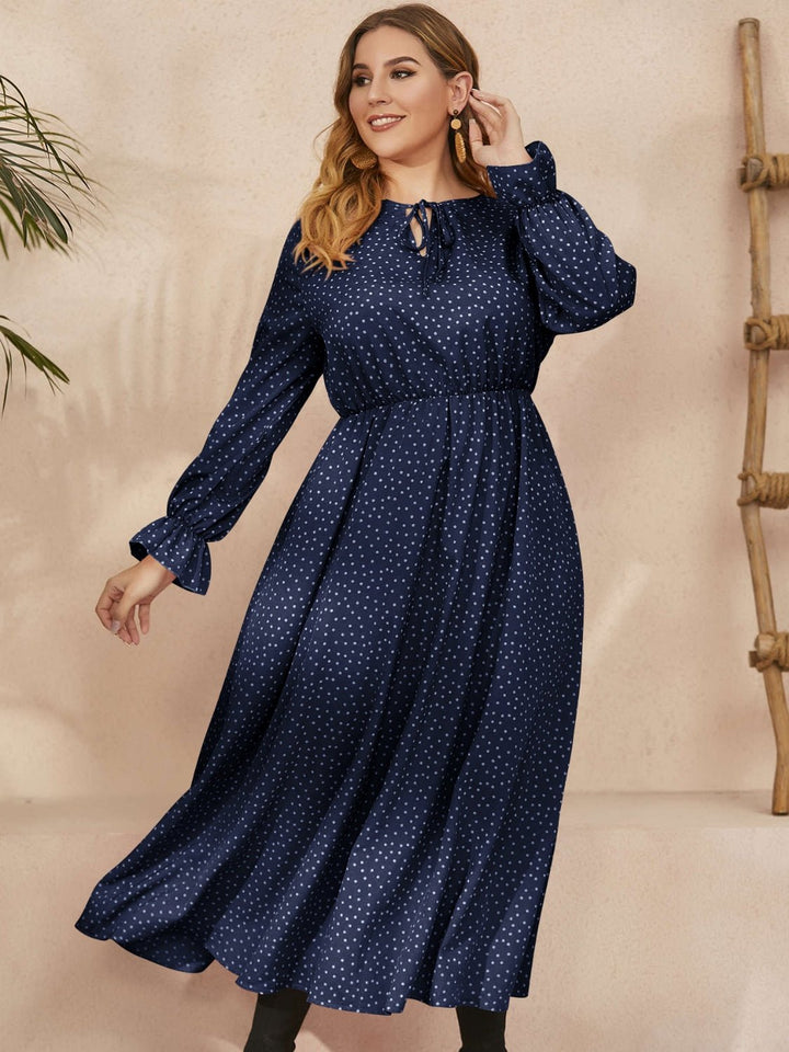 Plus Size Ruffled Polka Dot Long Sleeve Midi Dress - SharpDuds