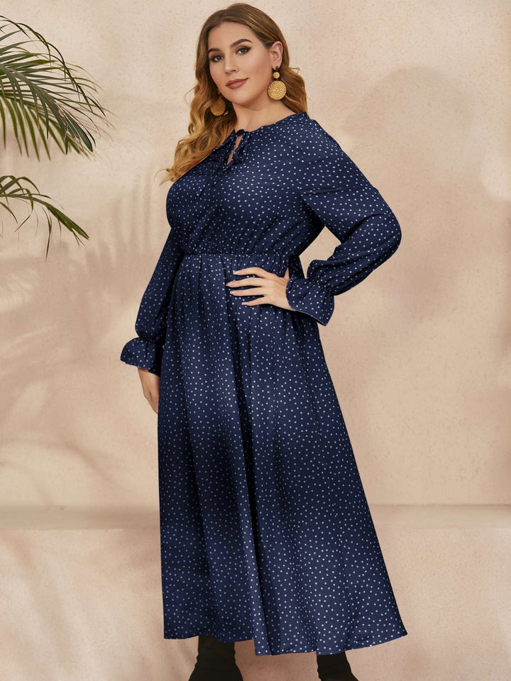 Plus Size Ruffled Polka Dot Long Sleeve Midi Dress - SharpDuds