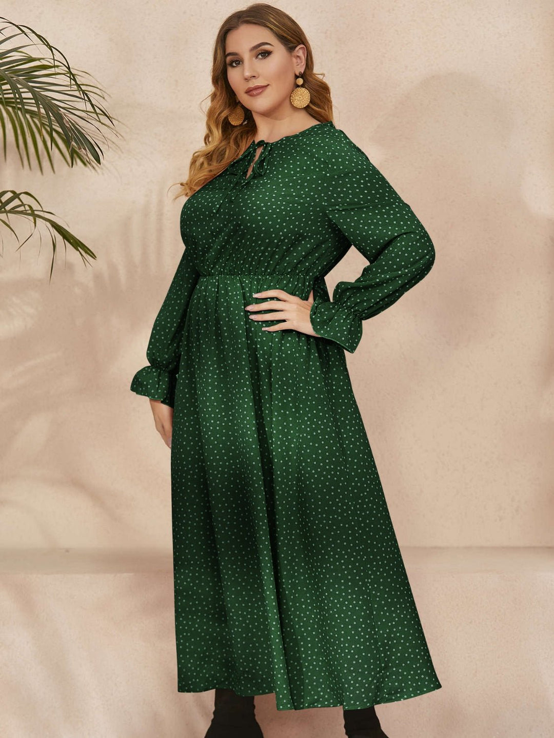 Plus Size Ruffled Polka Dot Long Sleeve Midi Dress - SharpDuds