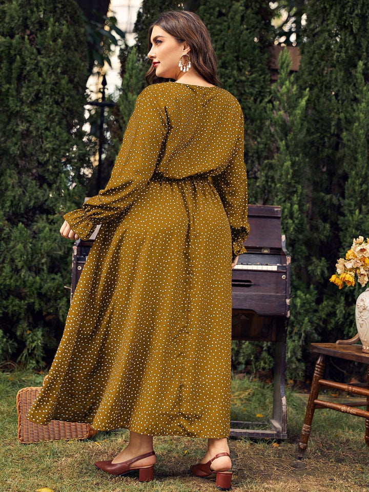 Plus Size Ruffled Polka Dot Long Sleeve Midi Dress - SharpDuds