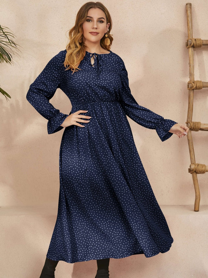 Plus Size Ruffled Polka Dot Long Sleeve Midi Dress - SharpDuds