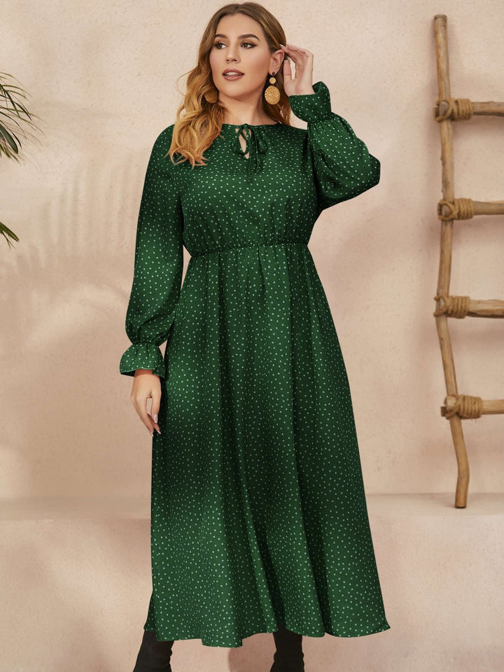 Plus Size Ruffled Polka Dot Long Sleeve Midi Dress - SharpDuds