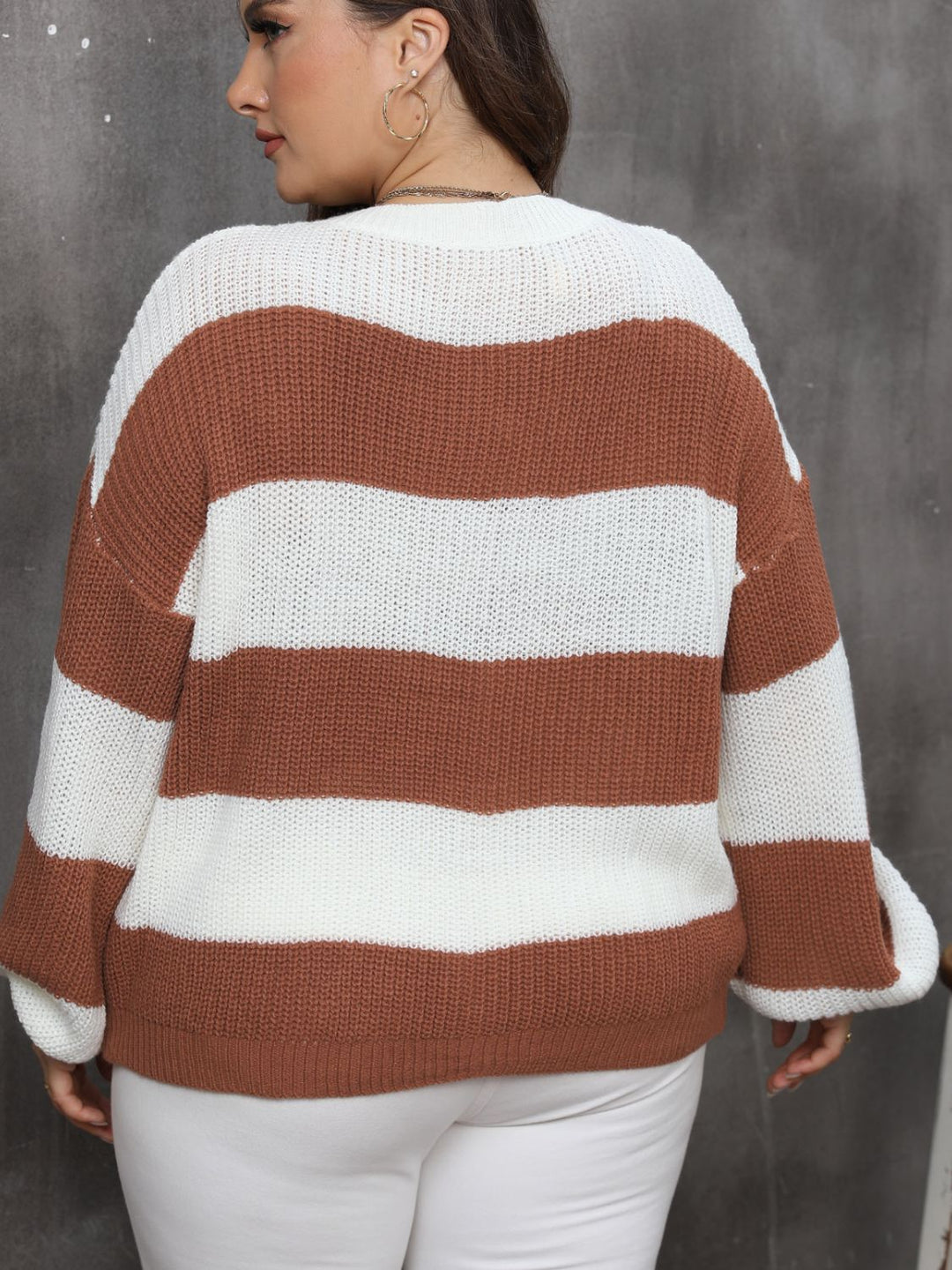 Plus Size Striped Round Neck Long Sleeve Sweater - SharpDuds