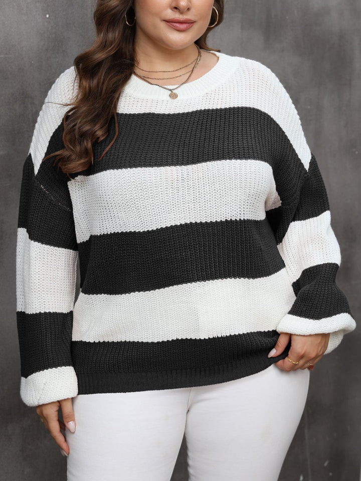 Plus Size Striped Round Neck Long Sleeve Sweater - SharpDuds