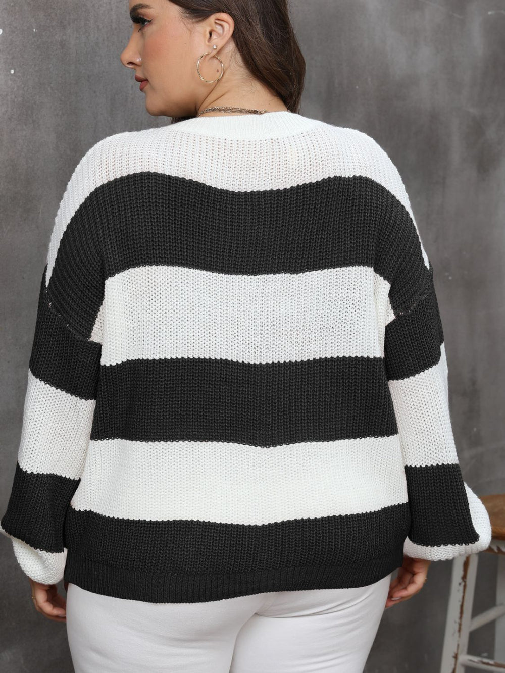 Plus Size Striped Round Neck Long Sleeve Sweater - SharpDuds