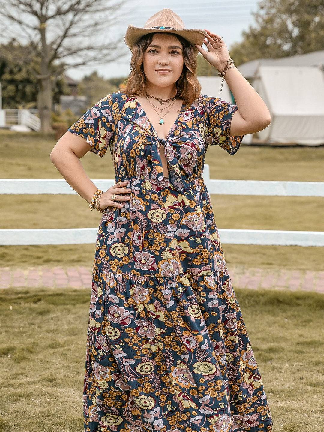 Plus Size Tied Printed Short Sleeve Midi Dress - SharpDuds