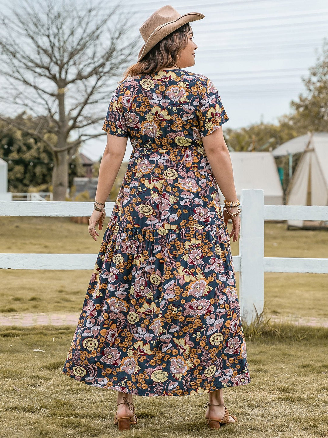 Plus Size Tied Printed Short Sleeve Midi Dress - SharpDuds