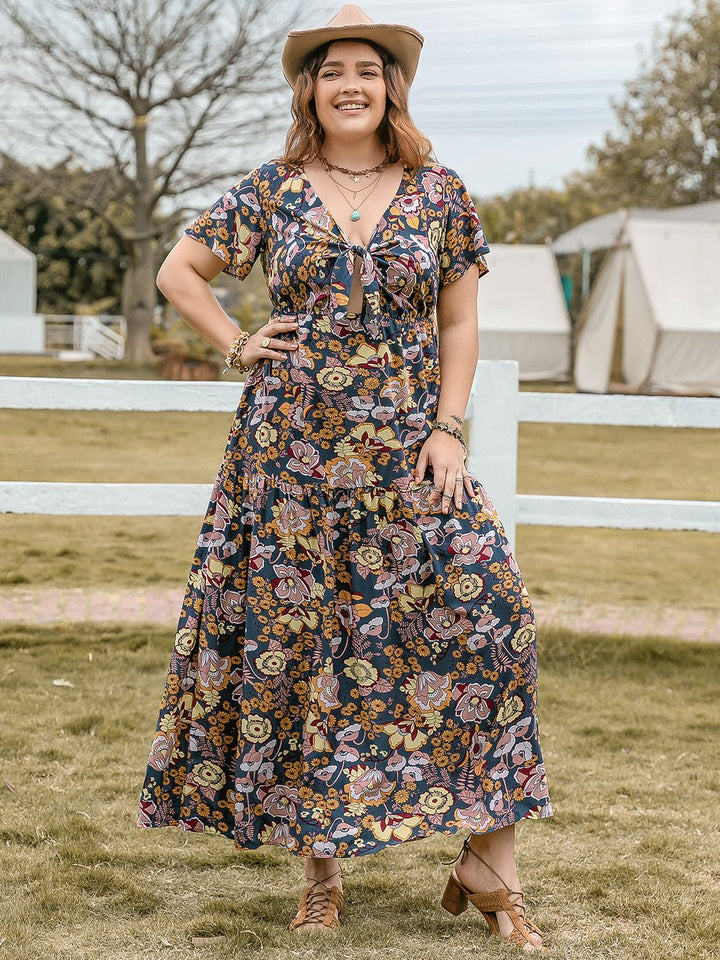 Plus Size Tied Printed Short Sleeve Midi Dress - SharpDuds