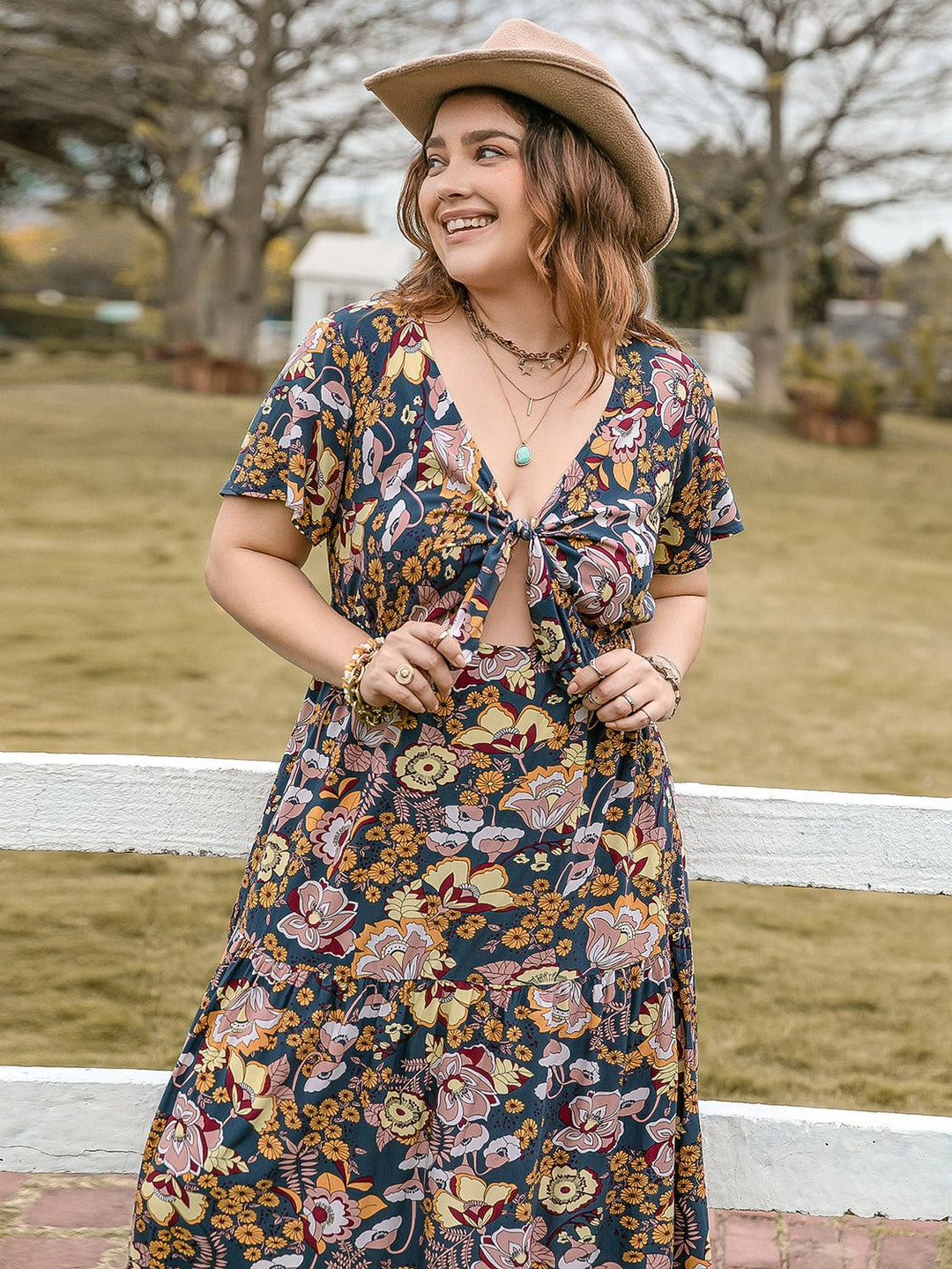 Plus Size Tied Printed Short Sleeve Midi Dress - SharpDuds