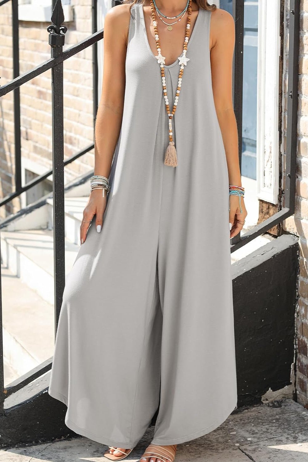 Pocketed Scoop Neck Wide Leg Jumpsuit - SharpDuds