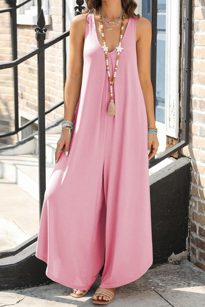 Pocketed Scoop Neck Wide Leg Jumpsuit - SharpDuds