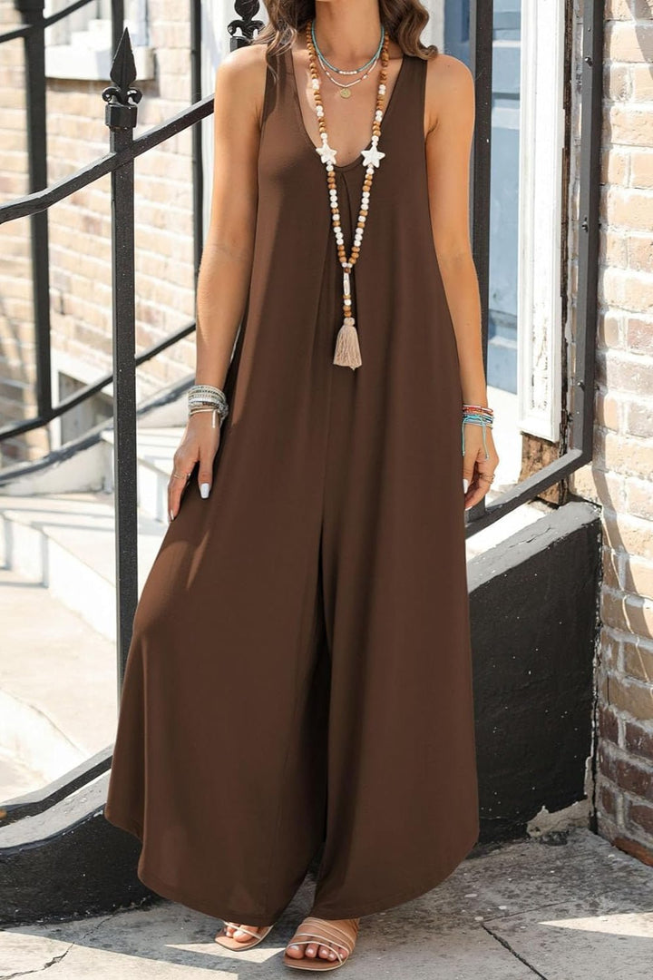 Pocketed Scoop Neck Wide Leg Jumpsuit - SharpDuds