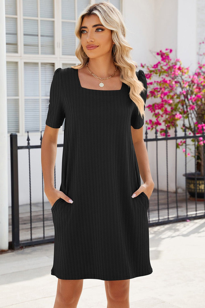 Pocketed Square Neck Short Sleeve Dress - SharpDuds