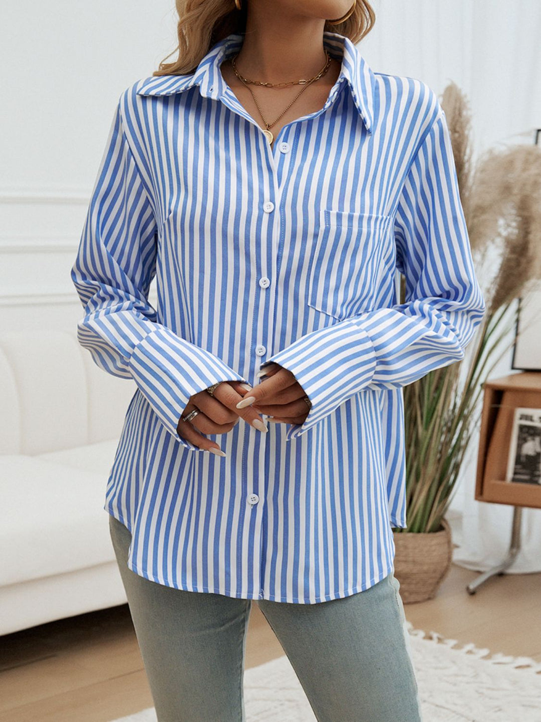 Pocketed Striped Collared Neck Long Sleeve Shirt - SharpDuds