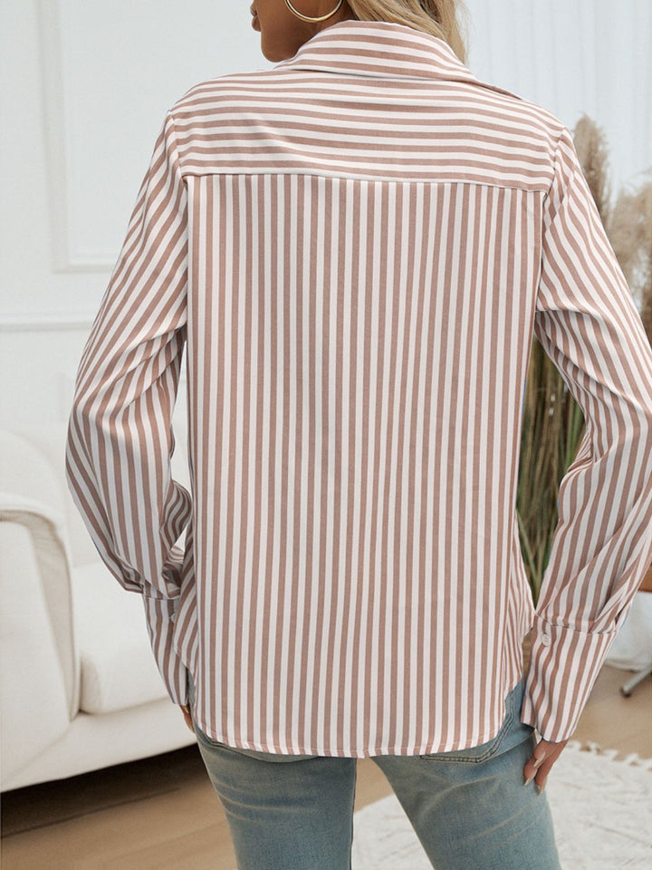 Pocketed Striped Collared Neck Long Sleeve Shirt - SharpDuds