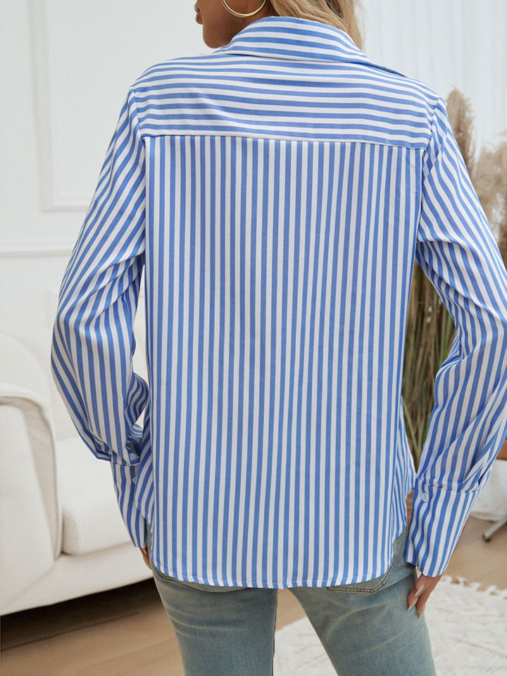 Pocketed Striped Collared Neck Long Sleeve Shirt - SharpDuds