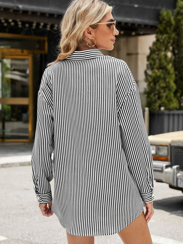 Pocketed Striped Collared Neck Long Sleeve Shirt - SharpDuds