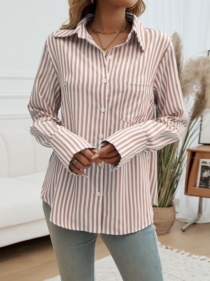 Pocketed Striped Collared Neck Long Sleeve Shirt - SharpDuds