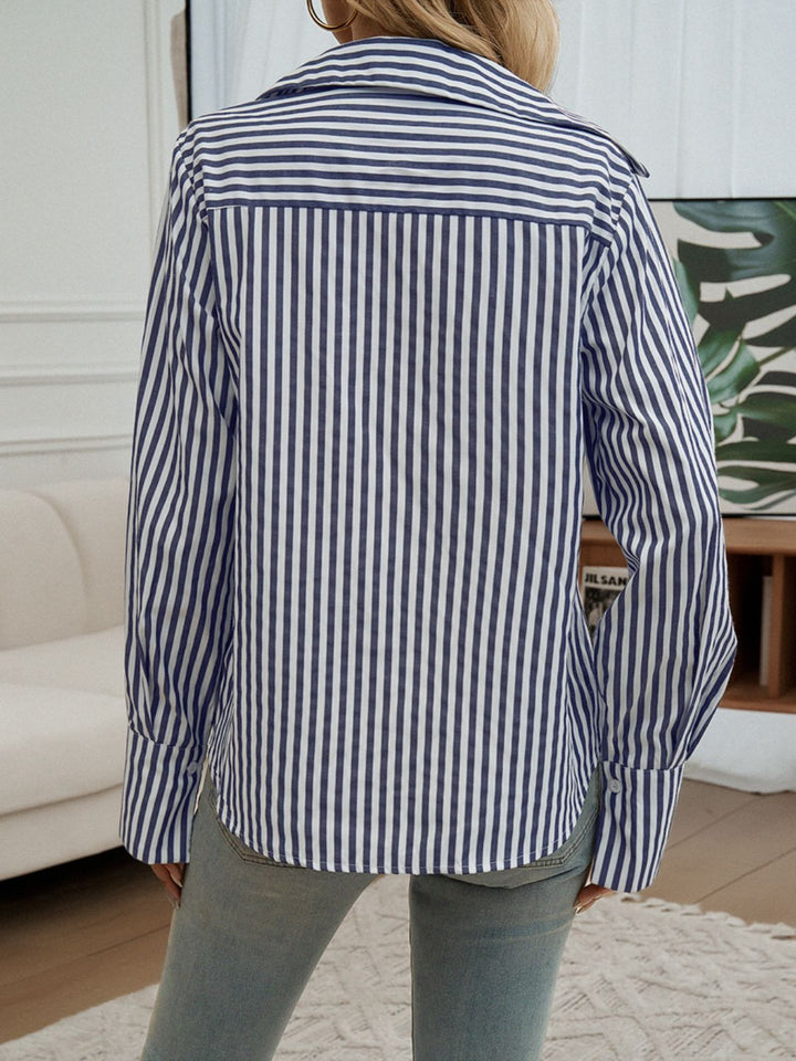 Pocketed Striped Collared Neck Long Sleeve Shirt - SharpDuds