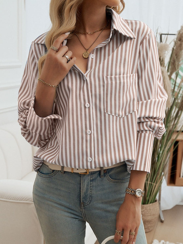 Pocketed Striped Collared Neck Long Sleeve Shirt - SharpDuds