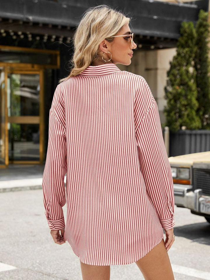 Pocketed Striped Collared Neck Long Sleeve Shirt - SharpDuds