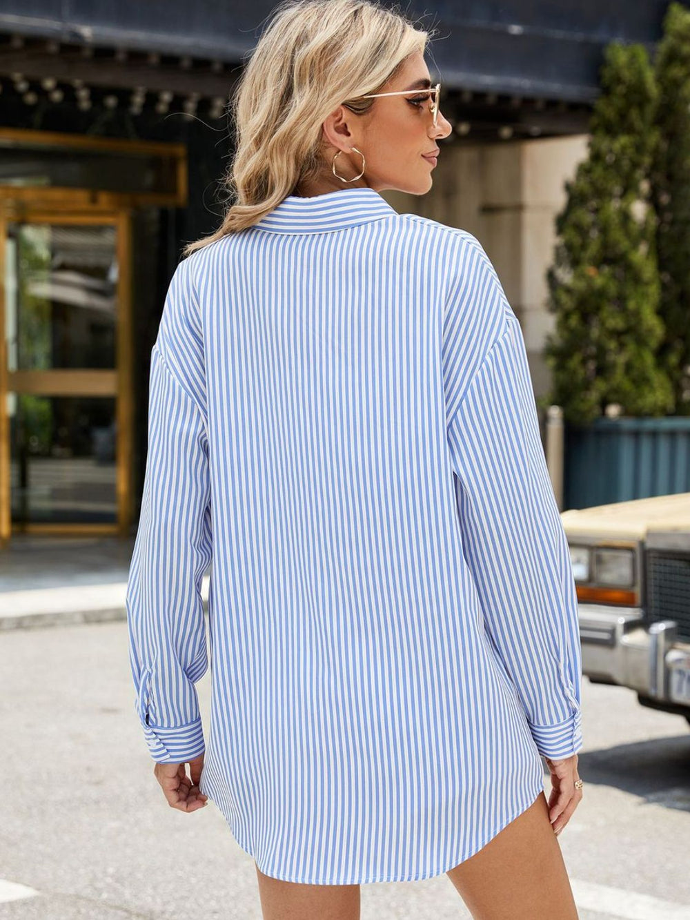 Pocketed Striped Collared Neck Long Sleeve Shirt - SharpDuds