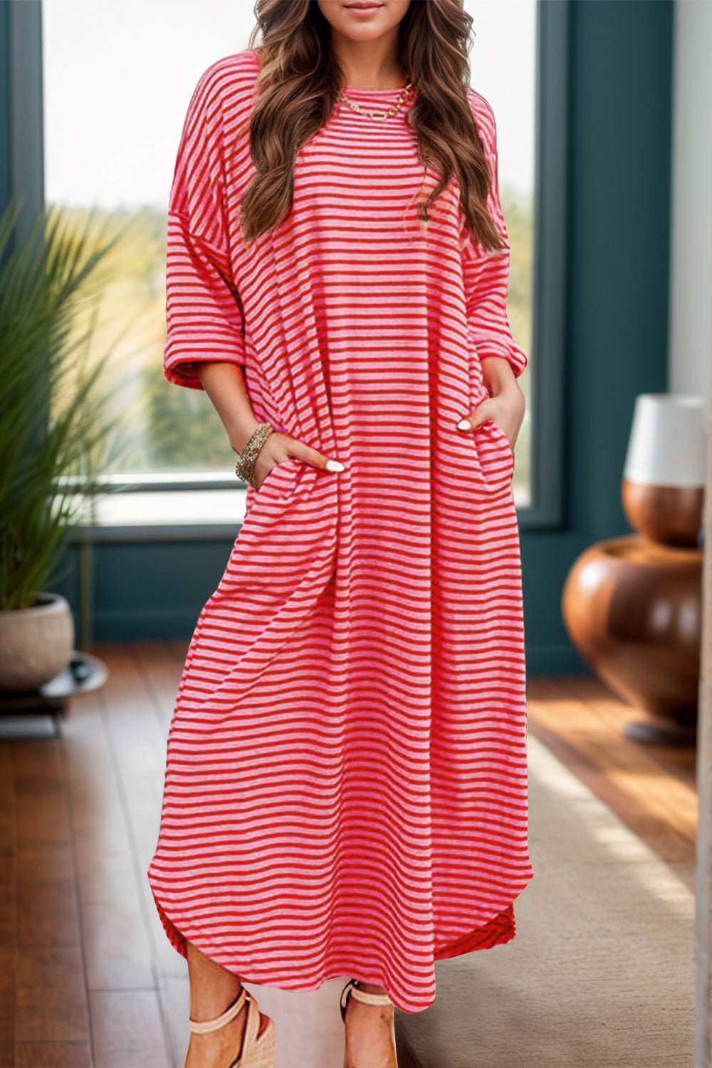 Pocketed Striped Half Sleeve Tee Dress - SharpDuds