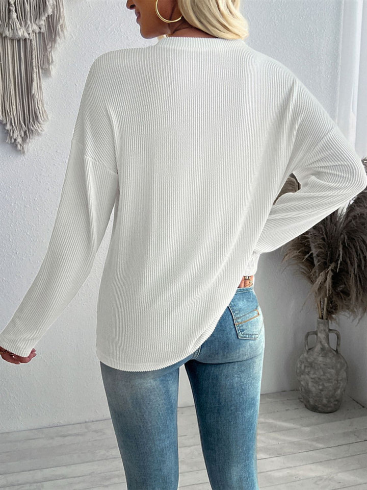 Pocketed Textured V - Neck Long Sleeve T-Shirt - SharpDuds