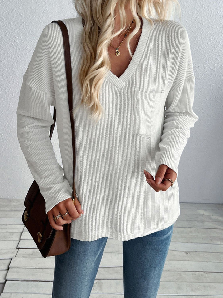 Pocketed Textured V - Neck Long Sleeve T-Shirt - SharpDuds